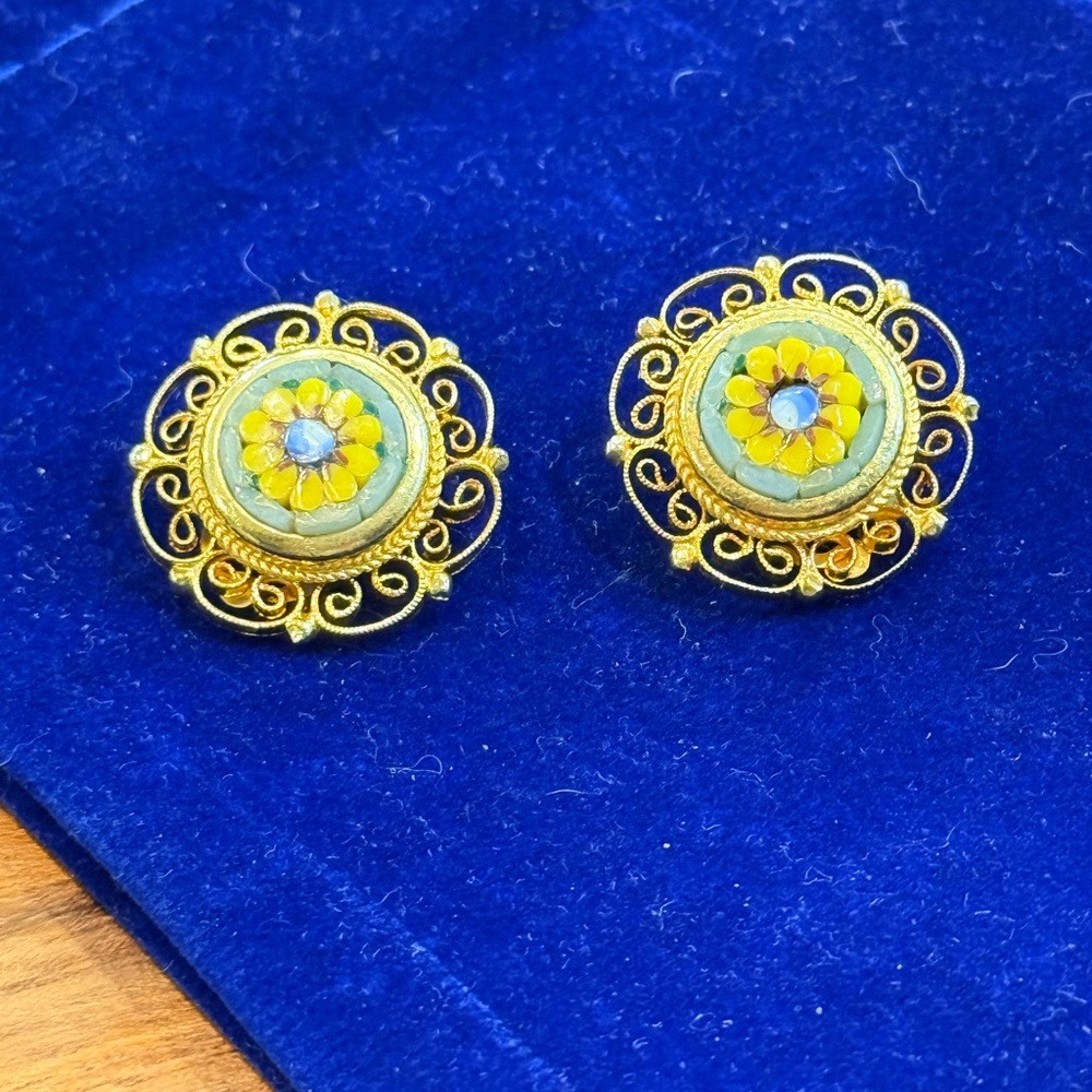 Vintage Sage Green & Yellow Floral Micromosaic Earrings